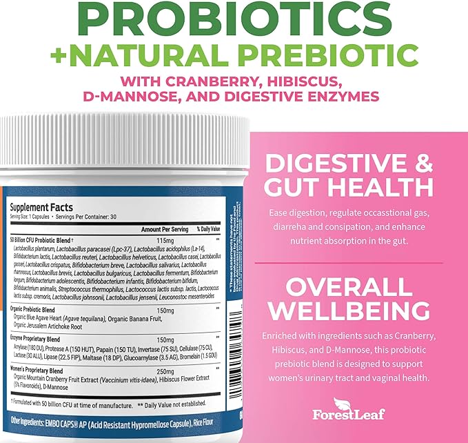 Probiotics for Women, 50 Billion CFU, 26 Unique Strains, Women's Probiotic and Prebiotics Support Digestive Health, w/Cranberry, Hibiscus & D-Mannose for Vaginal PH Balance, Urinary, Gut (30 Caps)