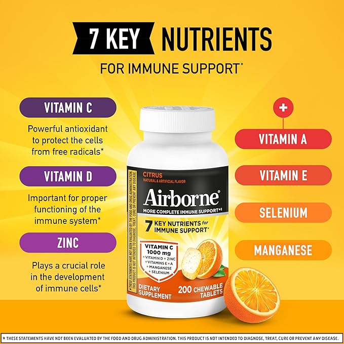 Airborne 1000mg Vitamin C with D and Zinc, Multivitamin Immune Support Supplement with Antioxidants A, C, and E, 200 Chewable Tablets, Citrus Flavor