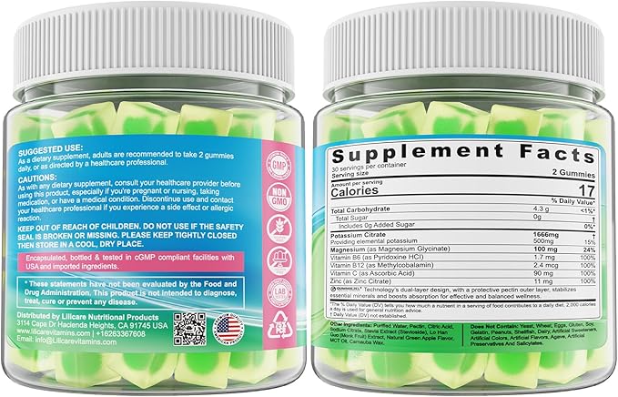 Potassium Citrate Gummies 1666mg for Adults - Potassium Supplement, Magnesium Glycinate, Zinc, B6, B12 & C â Electrolyte Gummies for Energy, Recovery & Leg Cramps, Vegan 60 Cts