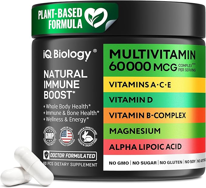 Daily Multivitamin for Energy & Immune Support - Zinc, Vitamins A B6 B12 C D E, Biotin, Lutein, Folate, Folic Acid, Selenium, Copper, Calcium 25mg - Multimineral Supplement for Women Men, 60 Capsules