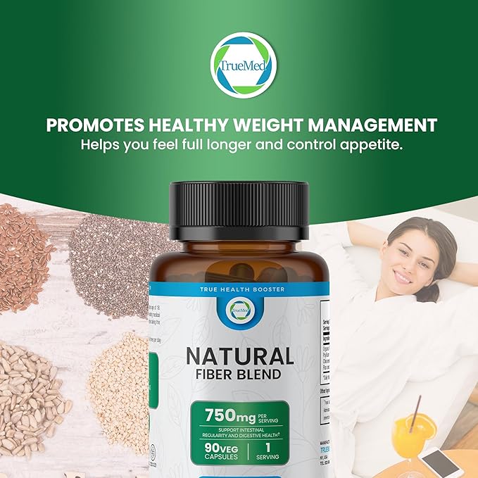 Natural Fiber Blend Supplement - Promotes Digestive Health, Cholesterol Balance, Cardiovascular Wellness - Psyllium Husk, Chia Seed, Flax Seed - 750mg Organic Fiber Blend