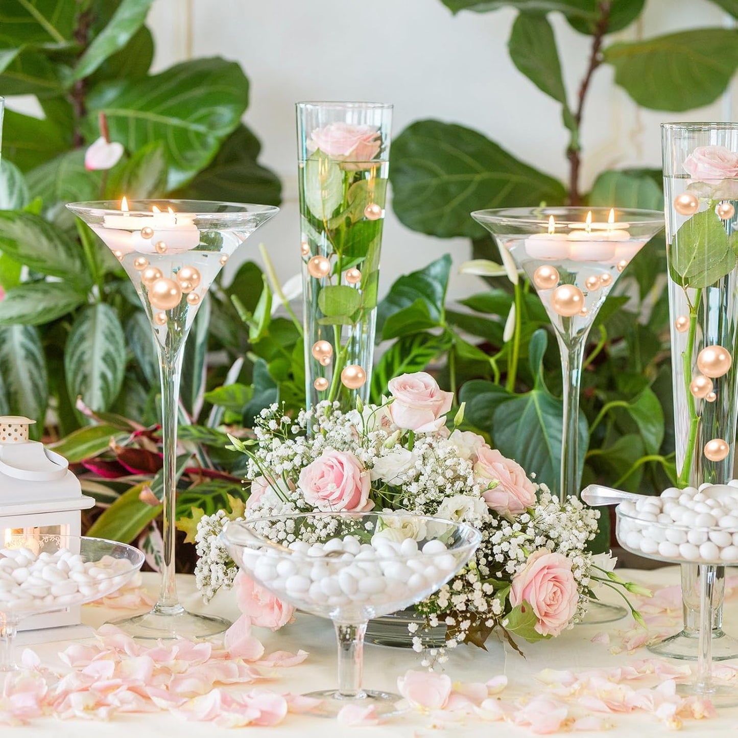 100PCS Champagne Faux Pearls Beads for Centerpiece Vases, Vase Filler Faux Pearls, No Holes Filler Beads for Party Anniversary Birthday Wedding Table Decor, 14/20/30mm