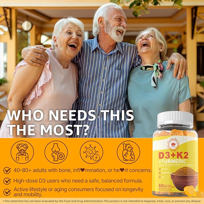Vitamin D3 K2 Gummies & Turmeric for Women & Men, Vitamin D3 5000IU / 10000IU, K2 (MK-7) 200mcg Supplements with Turmeric 1200mg, Calcium, Magnesium, Zinc, Supports Bone, Teeth, Muscle & Immune, 2PACK