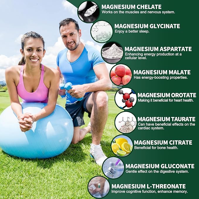 Magnesium Supplement with 9 Forms of High Absorption Magnesium Glycinate, L-threonate, Citrate, Malate and More for Muscle, Brain Support, Non-GMO, Gluten & Soy Free, 60 Capsules