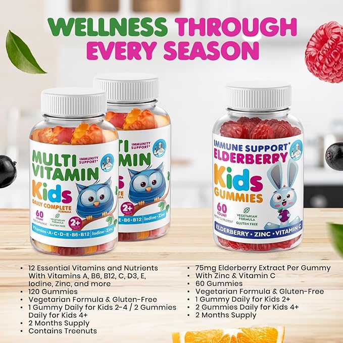 DR. MORITZ Elderberry Gummies for Kids (60 Count) and Kids Multivitamin Gummies Bundle (120 Count, 2 Pack) - for Children’s Immune Support and Overall Health - Toddler Vitamins Supplement
