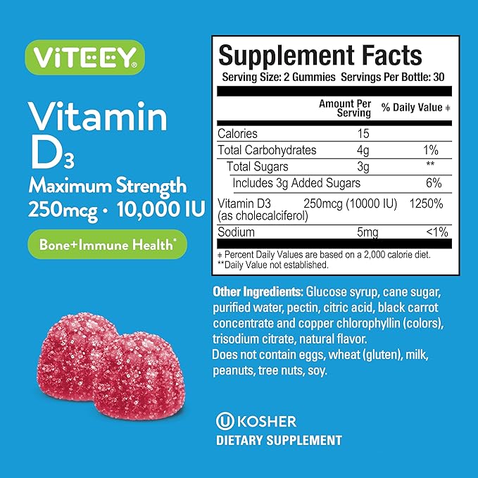 Viteey Vitamin D3 Gummies for Adults & Teens - 10,000 IU, 250mcg, Maximum Strength - Joint & Muscle Health, Immune Boost - Chewable Vitamin D Gummies - Vegetarian, Gelatin Free - Tasty Berry Flavored
