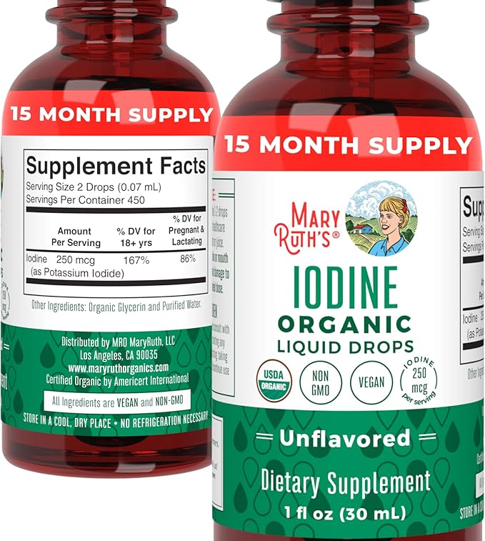 MaryRuth Organics Iodine Liquid Drops | Potassium Iodide | 1 Year Supply | 450 Servings | Thyroid Health | USDA Organic| Vegan | Non-GMO | Gluten Free | 1 Fl Oz