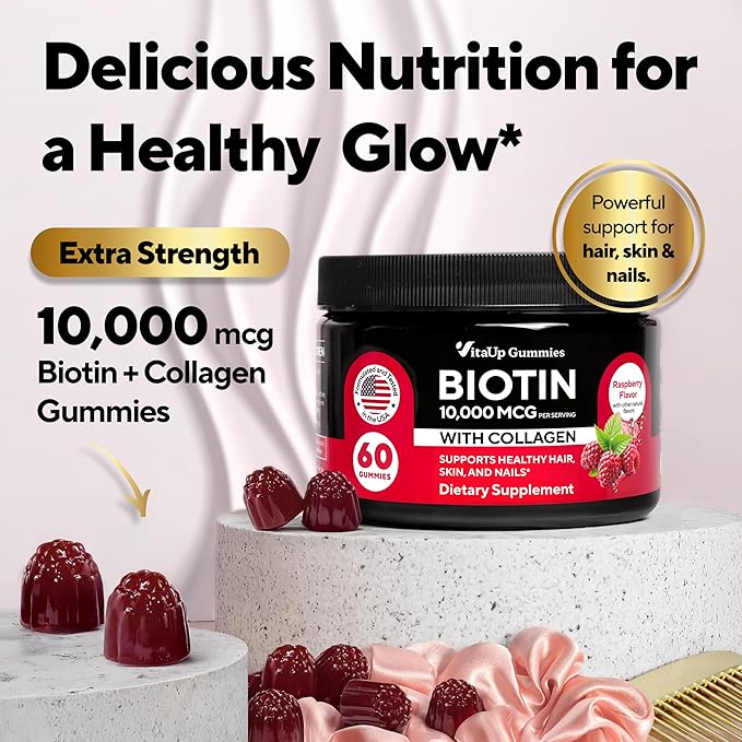 Biotin Gummies 10000mcg for Women and Men - Extra Strength Hair, Skin and Nails Gummies with Collagen - Natural Biotin Gummy Supplement for Hair, Skin, Nails Support - 60 ct