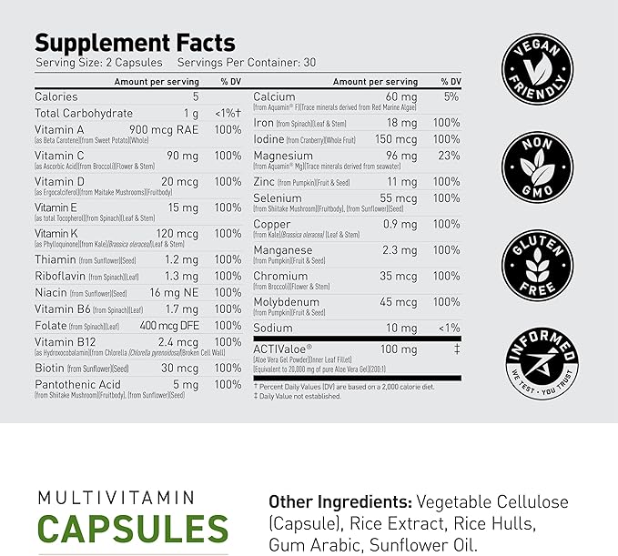 Kaged Multivitamin Capsules | Unflavored | Whole Foods Organic Fruits & Veggies | Plant Based Vegan Multivitamin | Vitamin C, D, E, B12 | Supplements for Men & Women | 30 Servings