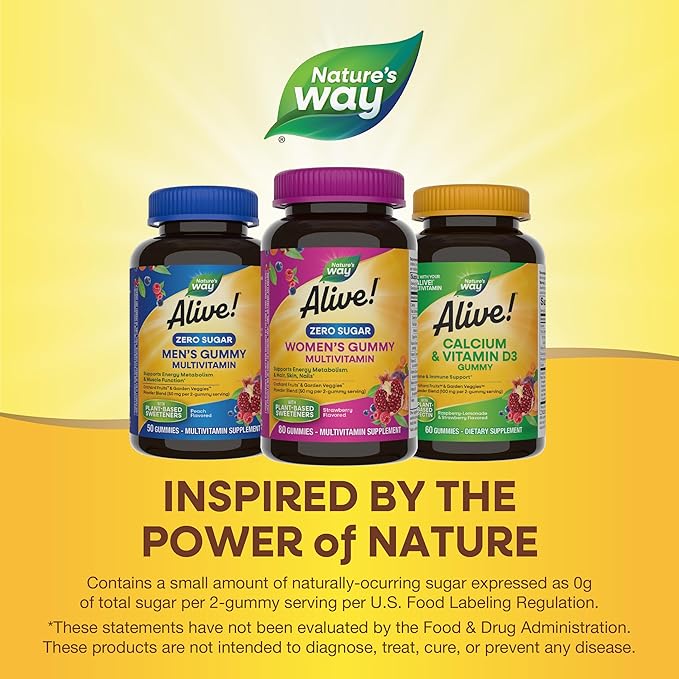Nature's Way Alive! Zero Sugar Women's Gummy Multivitamins, Energy Metabolism*, Hair, Skin, Nails*, B-Vitamins, No Sugar Alcohols, Plant-Based Sweeteners, Strawberry Flavored, 80 Gummies