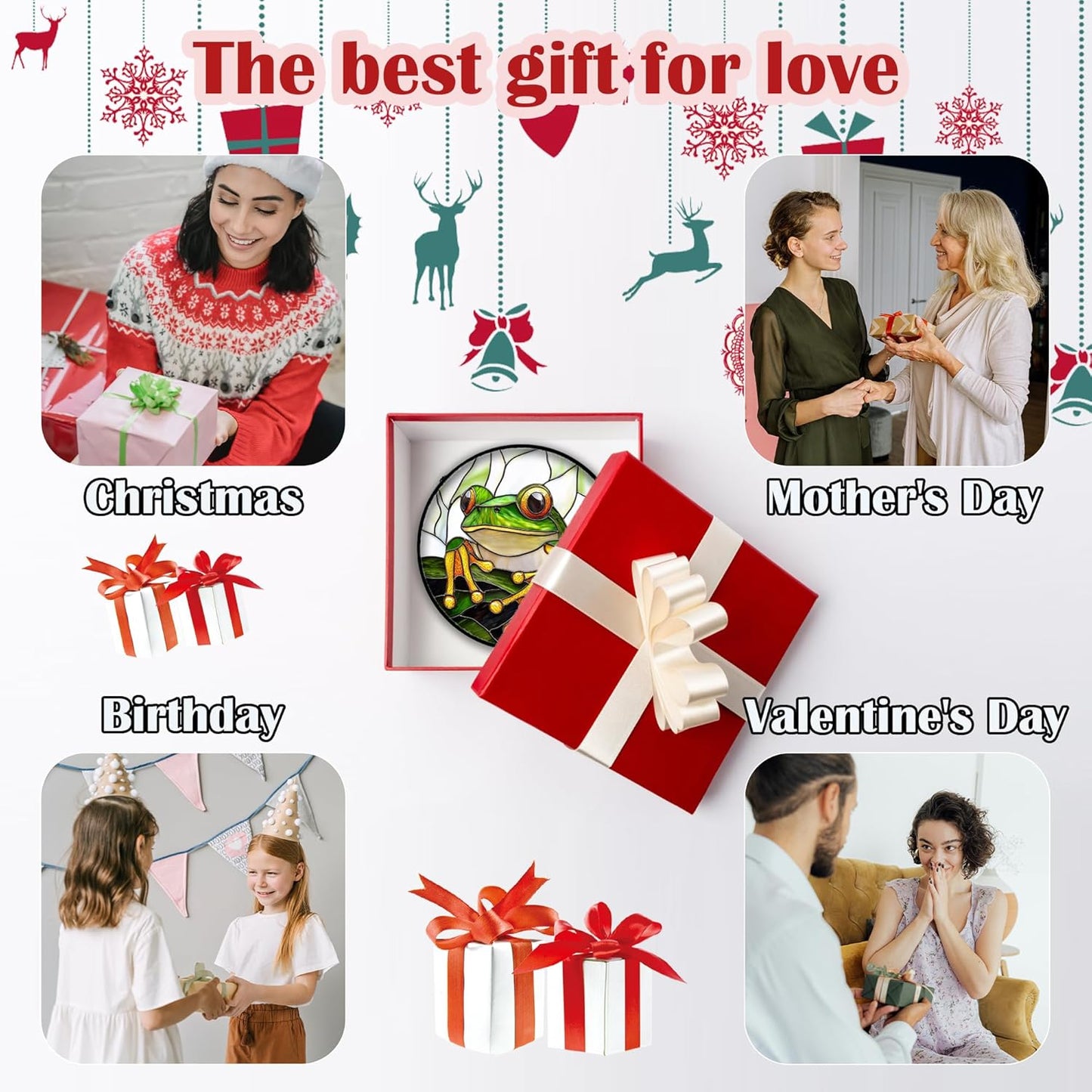 Stained Glass Window Hanging, Green Frog White Petals Sun Catchers Colorful Glass Panel Cute Suncatcher Decor for Birthday for Women, Men, Wife, Aunt, and Mom 14.9x14.9 in