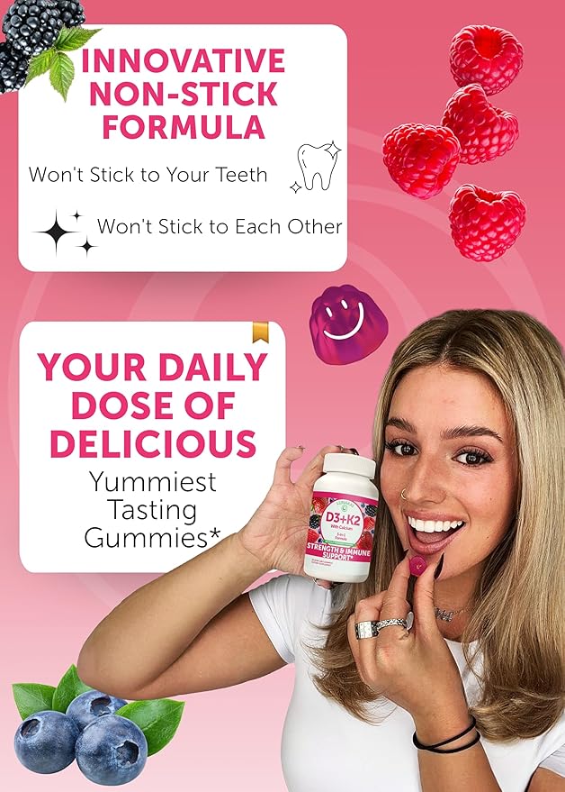 Lunakai USA Made Vitamin D3 K2 Gummies with Calcium for Women, Men & Kids - 3-in-1 Supplement for Wellness and Immune Support, Vegan 60ct