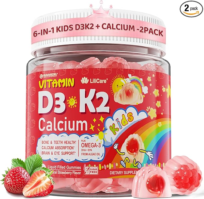 Vitamin D3 K2 + Calcium Liquid-filled Gummies for Kids & Teens, 1000IU/2000IU D3 with Magnesium, Algal Omega 3, Vitamin for Kids for Bones & Teeth, Calcium Absorption, Brain, Immunity,Sugar-Free,2Pack
