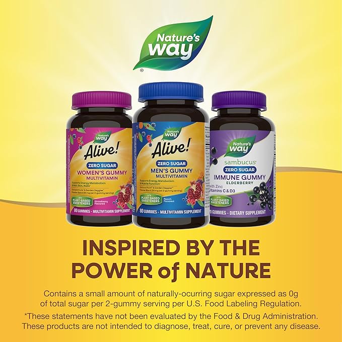 Nature's Way Alive! Zero Sugar Men's Gummy Multivitamins, Energy Metabolism*, Muscle Function*, B-Vitamins, No Sugar Alcohols, Plant-Based Sweeteners, Peach Flavored, 80 Gummies