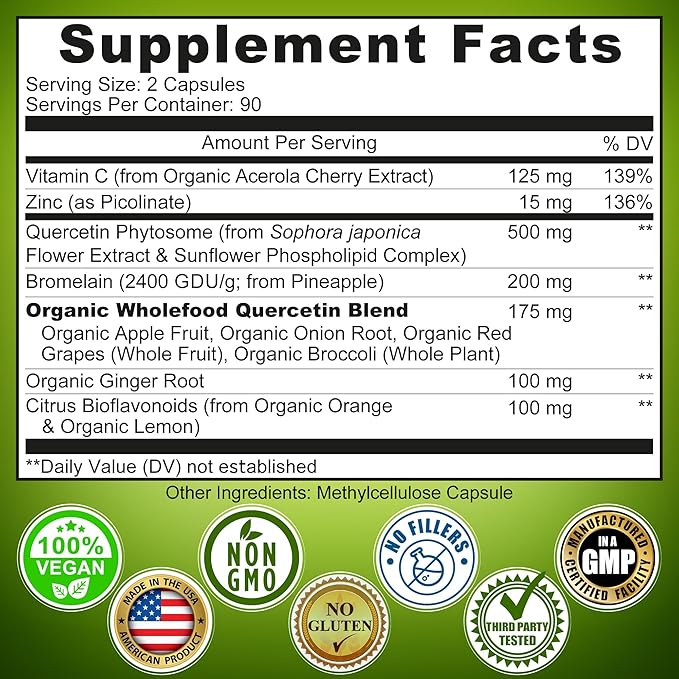 Quercetin with Bromelain Vitamin C and Zinc Enriched with Organic Whole Foods - 1215mg per Serving - Quercetin Phytosome 500mg Capsules with Ginger and Flavonoids for Immune Support - 180 Count