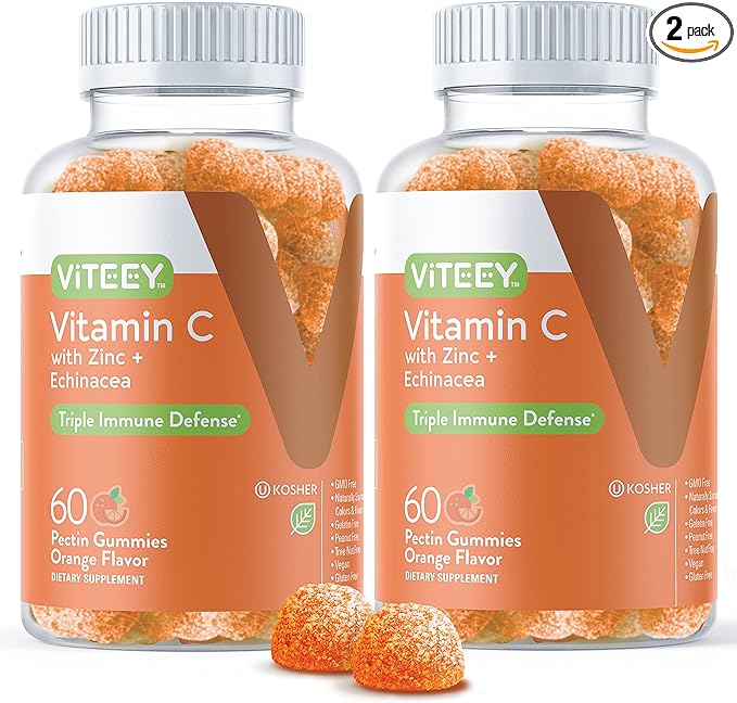 VITEEY Vitamin C Gummies for Adults & Teens with Zinc & Echinacea - Immune Support Gummies - Immune Booster - Vegan, Gelatin Free, Gluten Free, GMO Free - Tasty Vitamin C Chewable Orange Flavored