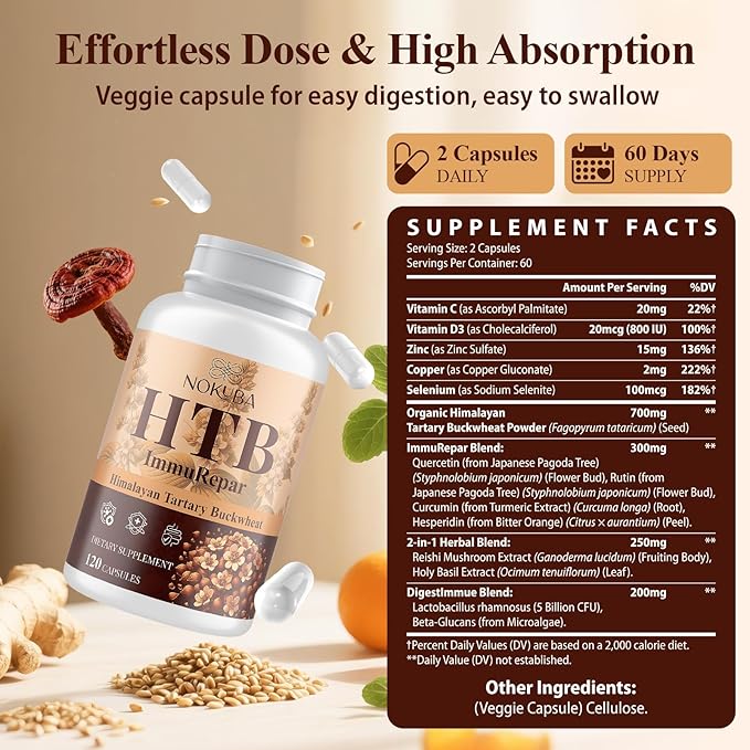 Himalayan Tartary Buckwheat Supplement with Quercetin, Vitamin C, D, Zinc, Curcumin for Immune Support & Antioxidant & Gut Health - 120 Vegan Capsules