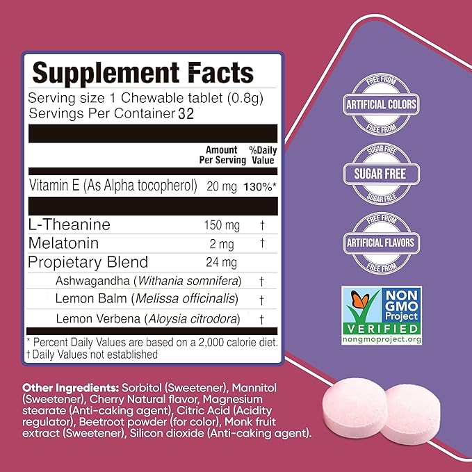 Natural Sleep Aid with Melatonin, Ashwagandha, Lemon Balm & L-Theanine – Drug-Free Sleep Support Supplement – Restful Sleep, Back to Sleep – Cherry Flavor – 32 Chewable Tablets