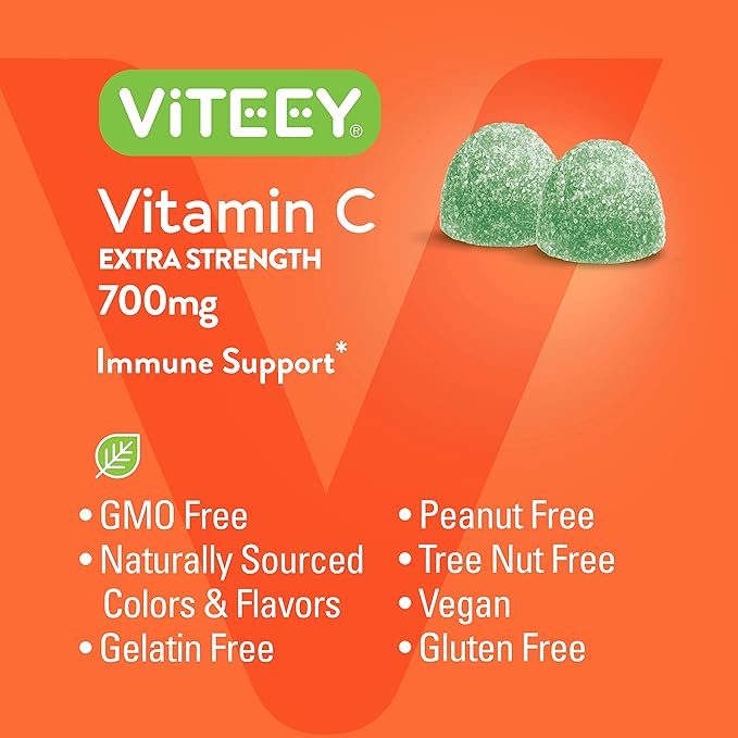 Viteey Vitamin C Gummies for Adults & Teens, 700mg Extra Strength - Immune Support Gummies - Immune Booster - Vegan, Gelatin Free -Tasty Vitamin C Chewable Sour Apple Flavored Gummy-60 Count