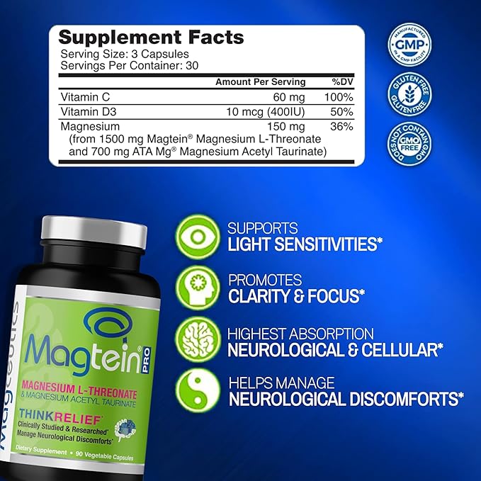 MagteinPRO - Magnesium L-Threonate & Mag Acetyl Taurinate Supplement, Memory, Sleep & Brain Health Formula for Men & Women, Cognitive Support for Adults, Clinically Studied- 90 Veg Capsules