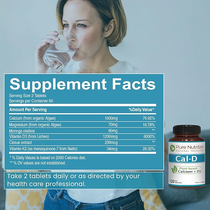 Pure Nutrition Cal D - Plant Based Calcium with VIT D3 K2 & Magnesium | 120 Tabs | 500mg Vegan Calcium per Serving | Algae Calcium Supplement for Bone Health