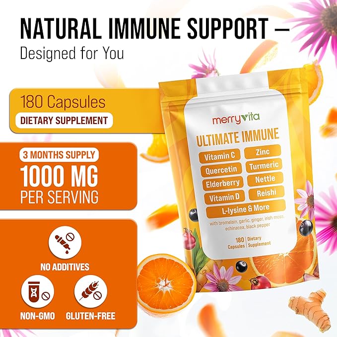 Liposomal Vitamin C 1000mg - Immune Support Supplement with Zinc, Rose HIPS, Elderberry, Quercetin, Bioflavonoids - Natural, Vegan, Non-GMO - 180 Capsules