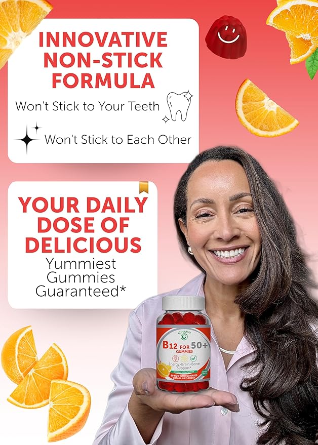 Lunakai USA Made Vitamin B12 Gummies for Adults 50+, Non-GMO B12 for Energy & Vitality Boost, Delicious Orange Flavor, 60ct