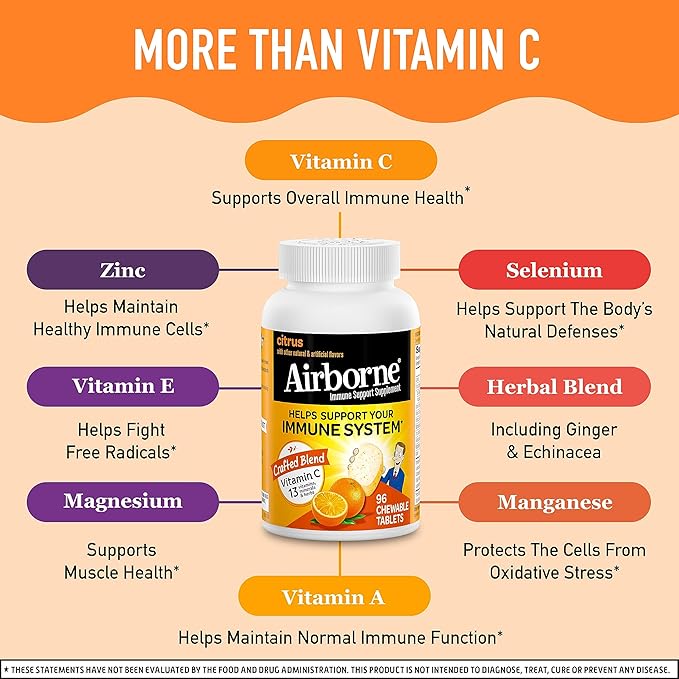 Airborne Vitamin C 1000mg (per Serving) - Citrus Chewable Tablets (96 Count in a Box) - Packaging May Vary