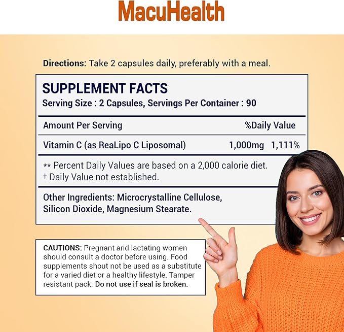 Macuhealth Liposomal Vitamin C 1000MG Per Serving - High Bioavailablity Vitamin with Fat-Soluble Antioxidants and Enhanced Absorption - 3 Month Supply