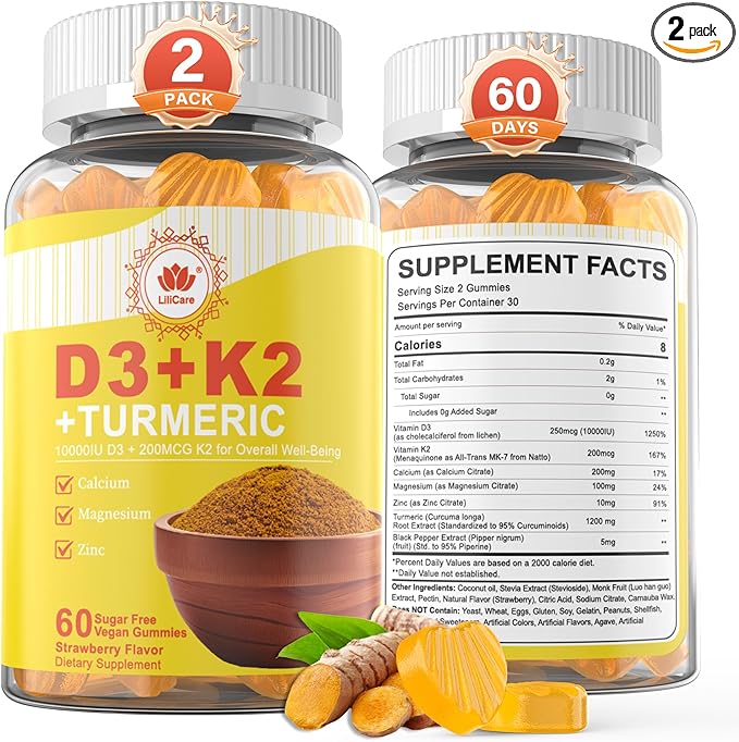 Vitamin D3 K2 Gummies & Turmeric for Women & Men, Vitamin D3 5000IU / 10000IU, K2 (MK-7) 200mcg Supplements with Turmeric 1200mg, Calcium, Magnesium, Zinc, Supports Bone, Teeth, Muscle & Immune, 2PACK