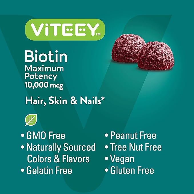 Viteey Biotin Gummies for Hair Skin and Nails - Biotin for Hair Growth Gummies - 10,000 mcg - Vegan, Gluten-Free, Non-GMO – 60 Count