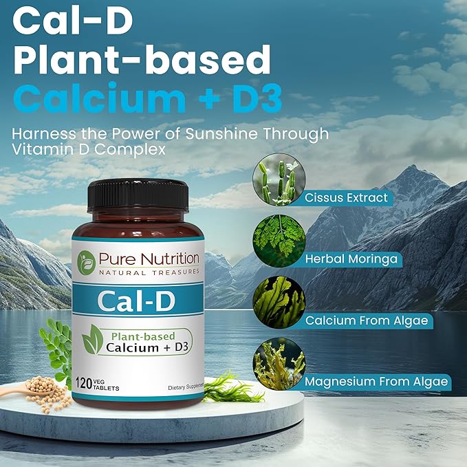 Pure Nutrition Cal D - Plant Based Calcium with VIT D3 K2 & Magnesium | 120 Tabs | 500mg Vegan Calcium per Serving | Algae Calcium Supplement for Bone Health
