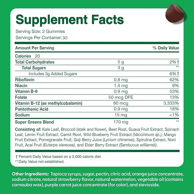Super Greens Gummies - Green Superfoods Supplement with Spinach, Broccoli, Kale, Beet Root, Elderberry for Immunity Support - Fruit and Vegetable Supplement - Watermelon Flavor, 60 Gummies
