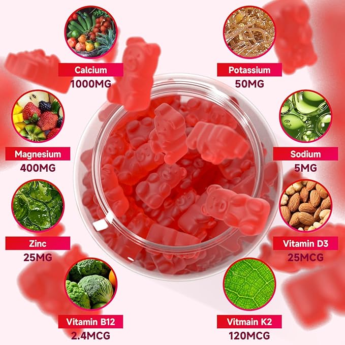 Calcium Gummies 1000mg with Vitamin D3 K2 & B Complex, Potassium, Calcium Magnesium Zinc Gummies for Bone, Muscle, Mood and Immunity - Vegan, Non-GMO, Strawberry Flavor 60 Count