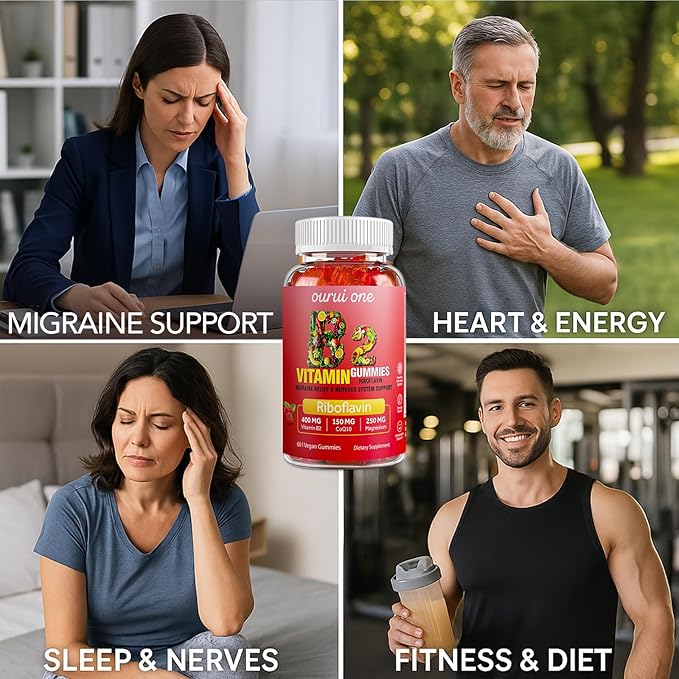 Vitamin B2 Gummies 400mg | Riboflavin 400mg with CoQ10 150mg, Magnesium 200mg, Zinc 10mg | B2 Vitamin 400mg for Kids & Adults, Nervous System & Skin Health | 60 Vegan Chewables