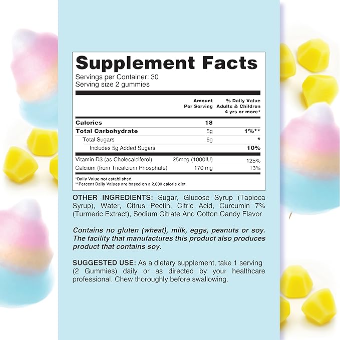 Calcium & Vitamin D3 Gummies – 170mg Calcium + Vitamin D3 Per Serving | Sugar Free, Vegan, Gluten‑Free & Kosher | Calcium Supplement for Bone & Muscle Support | Cotton Candy Flavor – 60 Count