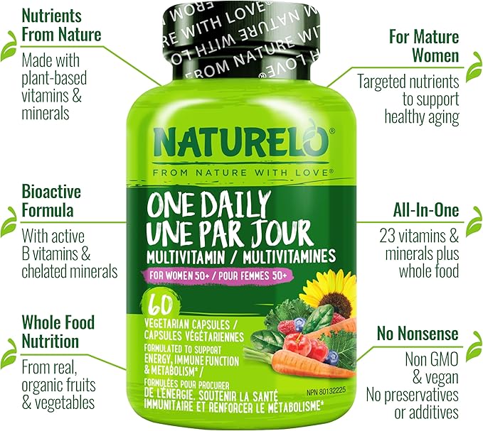 NATURELO One Daily Multivitamin for Women 50+ (Iron Free) - Menopause Support for Women Over 50 - Whole Food Supplement - Non-GMO - No Soy - 60 Capsules - 2 Month Supply