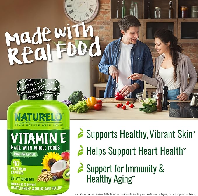 NATURELO Vitamin E - 180 mg (300 IU) of Natural Mixed Tocopherols from Organic Whole Foods - Supplement for Healthy Skin, Hair, Nails, Immune & Eye Health - Non-GMO, Soy Free - 90 Vegan Capsules
