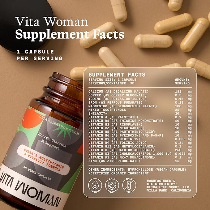 Ultra Life Sport - VITA Woman Premium Multivitamin for Women - 30 Capsule Daily Vitamins for Women with Vitamin E, K2 MK-7, and B for Maximum Absorption - 100% Vegan, Organic, Non-GMO, Gluten Free