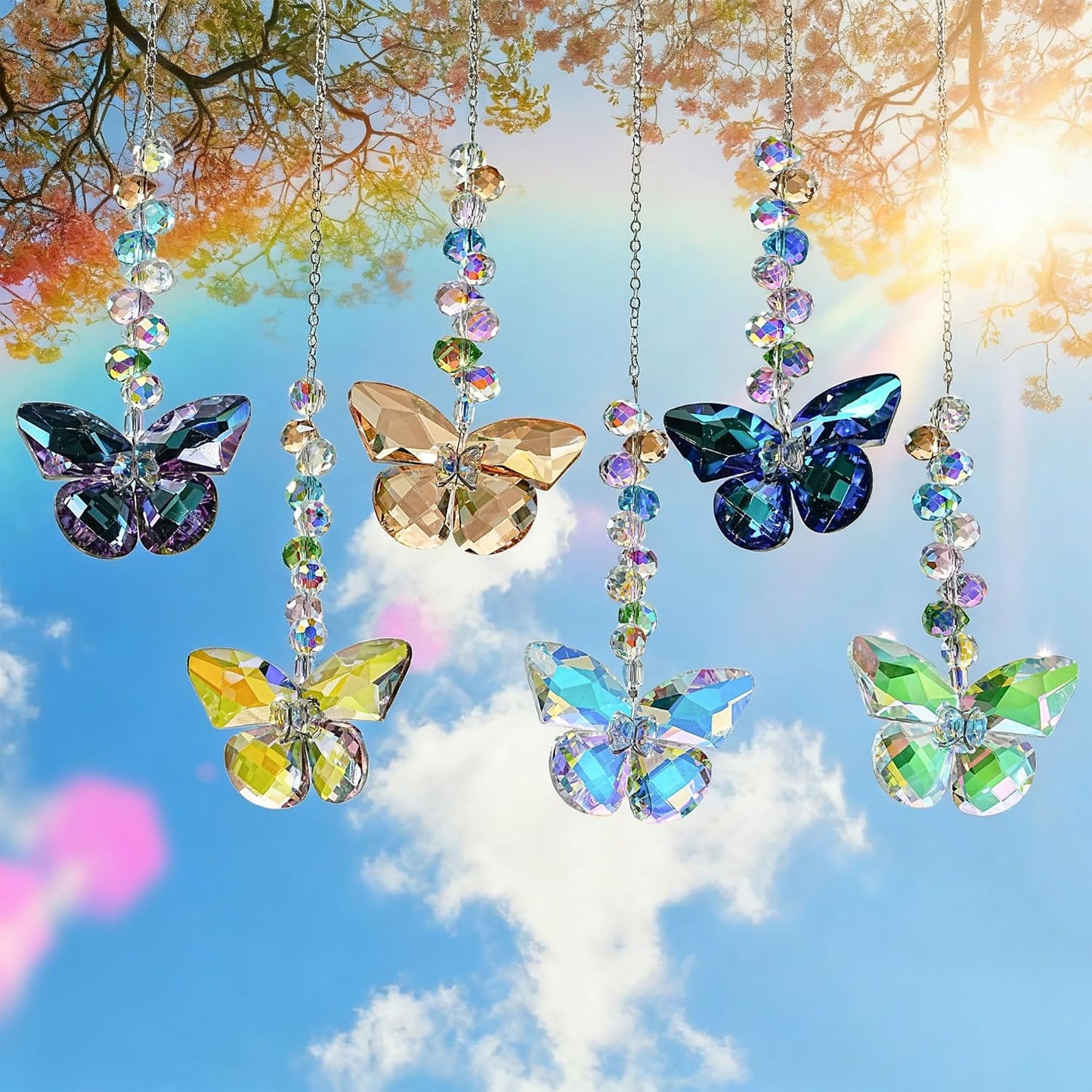 HDCRYSTALGIFTS 6PCS Crystal Butterfly Suncatchers for Window Hanging Ornaments, Rainbow Maker Sun Catchers Indoor Window Wedding Garden Home Decor Gifts