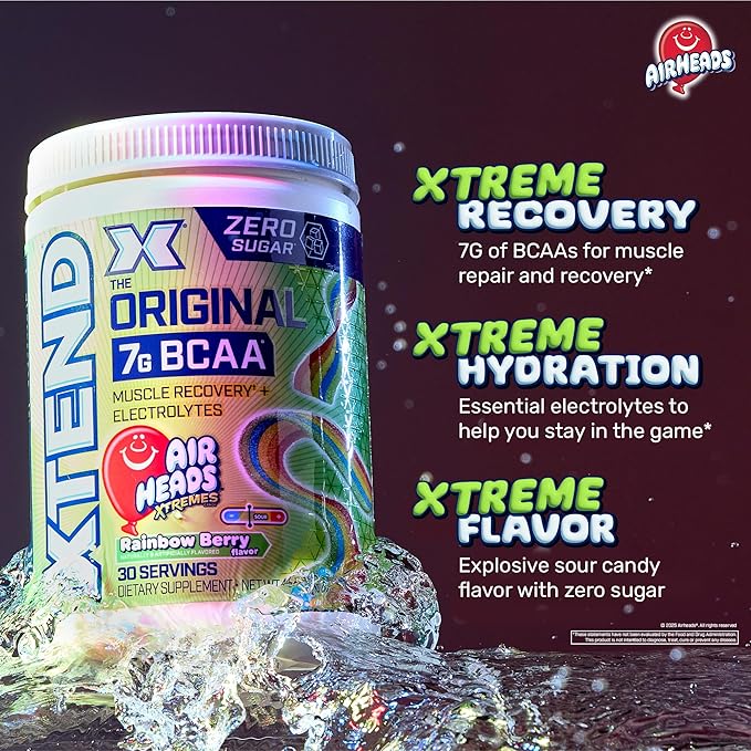 Xtend Original BCAA Powder Airheads Rainbow Berry Flavor, 7g BCAA and 2.5g L-Glutamine, Sugar Free Post Workout Muscle Recovery Drink with Amino Acids for Men & Women, 30 Servings