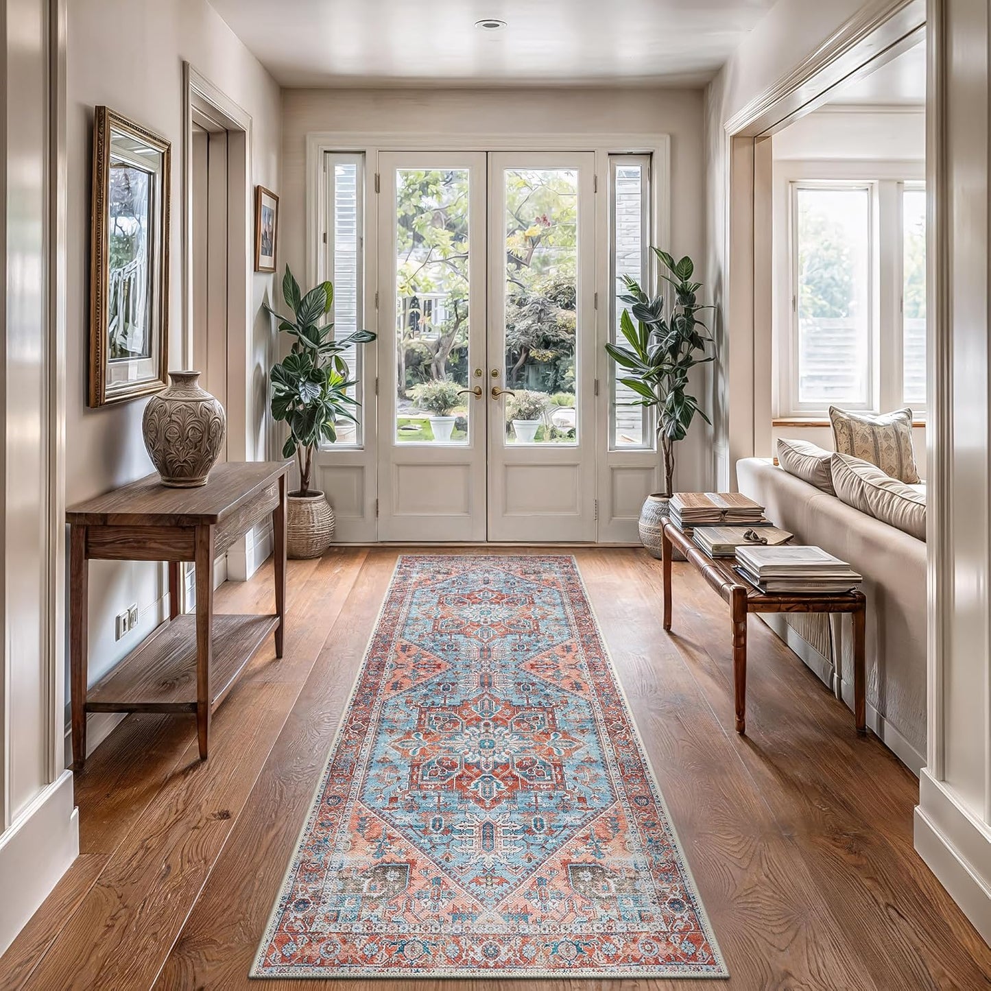 Bloom Rugs Washable Non-Slip 10 ft Runner - Coral/Sky Blue Traditional Medallion Runner for Entryway, Hallway, Bathroom, and Kitchen - Exact Size: 2.5' x 10'