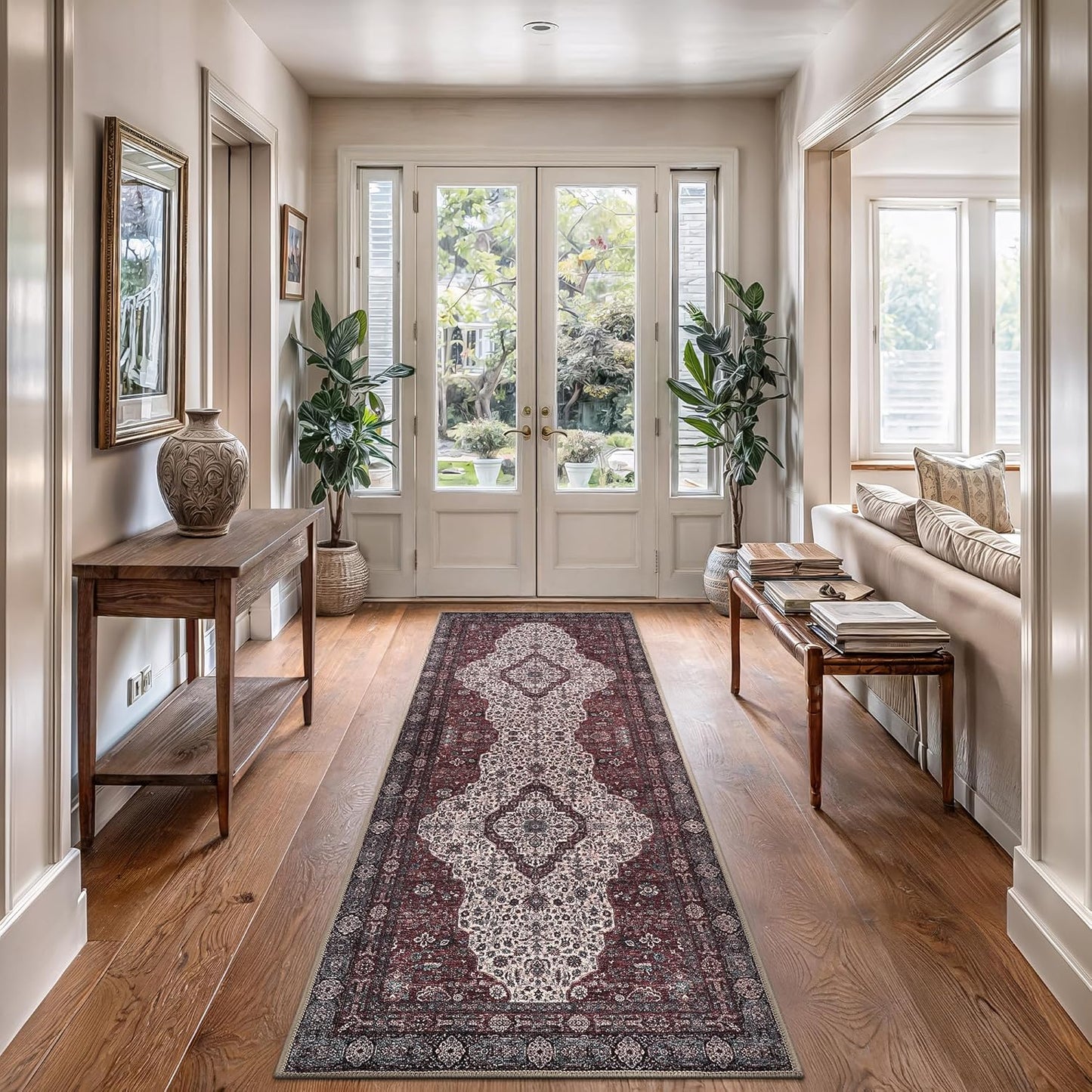 Bloom Rugs Washable Non-Slip 12 ft Runner - Red/Green/Cream Traditional Medallion Runner for Entryway, Hallway, Bathroom, and Kitchen - Exact Size: 2.5' x 12'