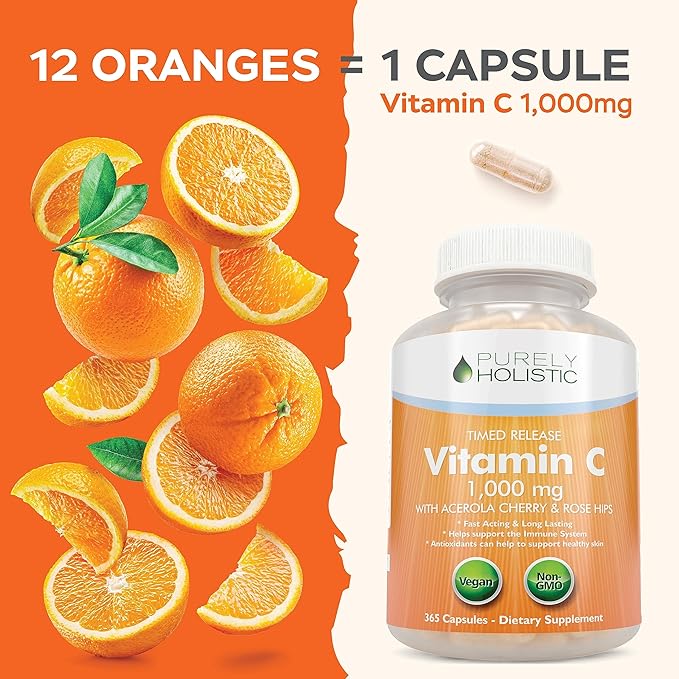 Purely Holistic Vitamin C 1000mg, 365 Capsules, 12 Month Supply, 2 Stage Timed Release with Ascorbic Acid, Rosehip & Acerola Cherry Bioflavonoid, Immune System Support, Vegan