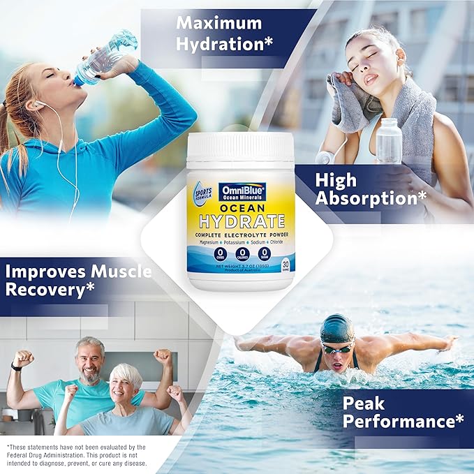 OceanHydrate Sports-Complete Electrolyte Powder |1500mg Chloride Electrolytes, 440mg Sodium, 375mg Potassium, 194mg Magnesium | Zero Calories, Zero Sugar | Keto and Paleo Supportive | 3.7oz