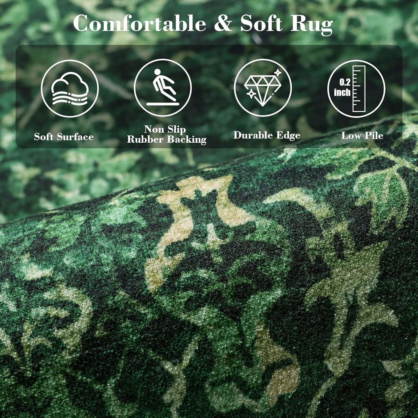 Dark Green 3x10 Runner Rug for Hallways Bed Side Kitchen, Boho Washable Distressed Low-Pile Floor Entryway Long Bathroom Mat, Non-Slip Laundry Room Washstand Front Carpet Green 36x84 Inch