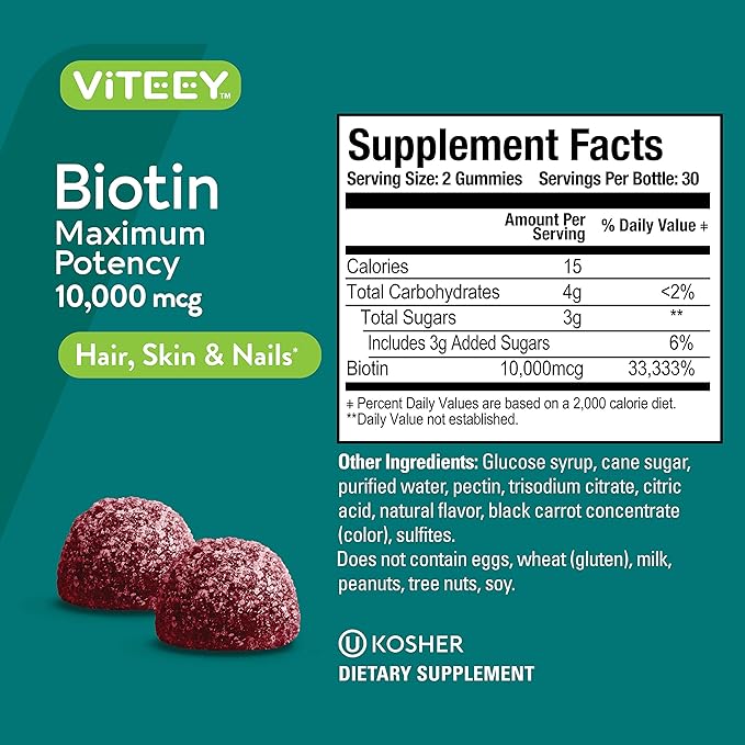 Viteey Biotin Gummies for Hair Skin and Nails - Biotin for Hair Growth Gummies - 10,000 mcg - Vegan, Gluten-Free, Non-GMO – 60 Count