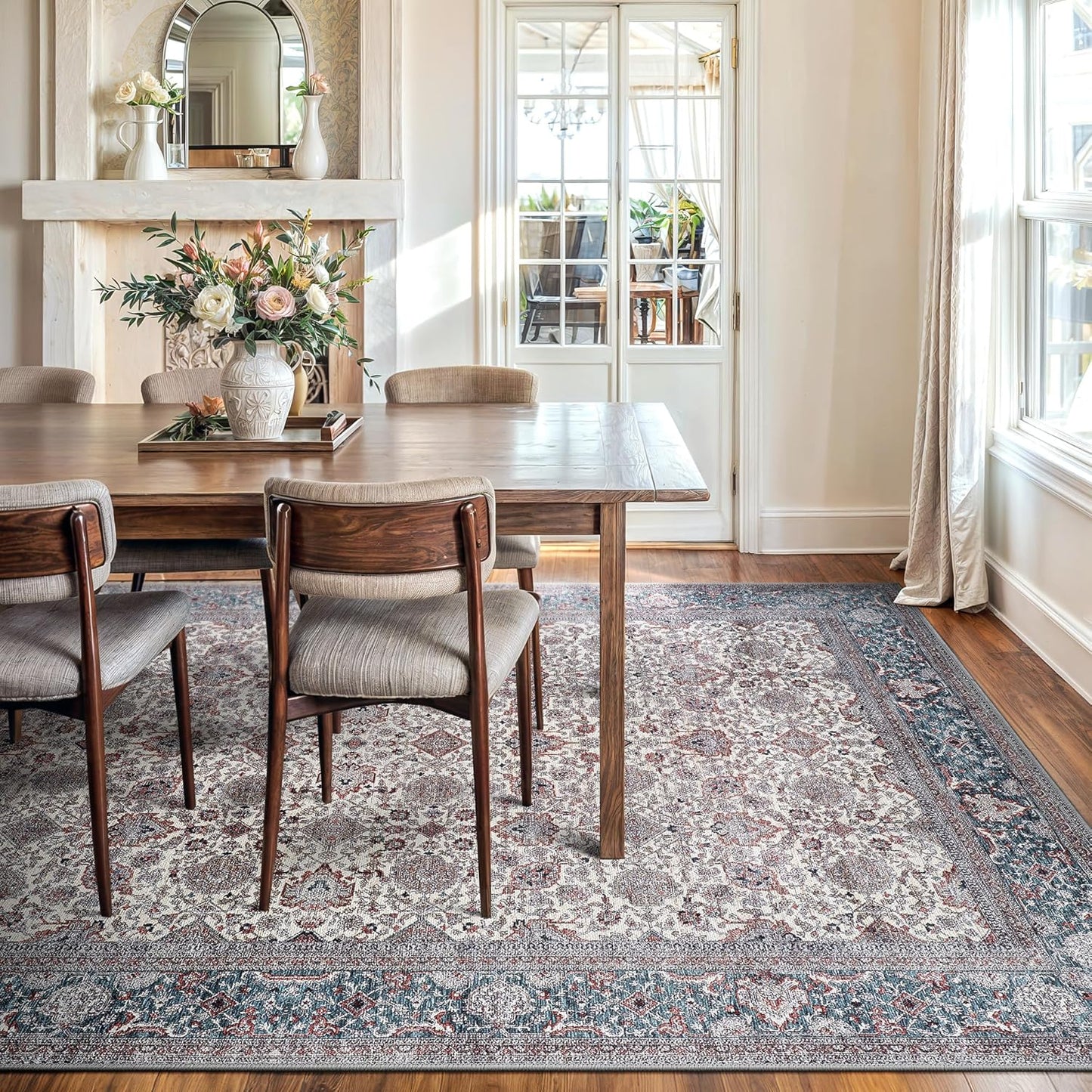 Bloom Rugs Washable Non-Slip 9' x 12' Rug - Teal/Blue/Beige Traditional Oriental Area Rug for Living Room, Bedroom, Dining Room, and Kitchen - Exact Size: 9' x 12'