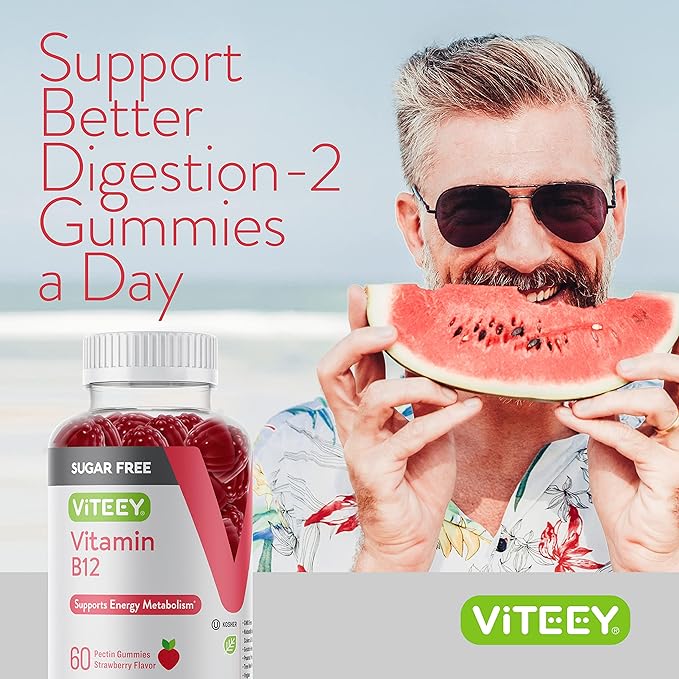 Viteey Vitamin B12 Gummies for Adults & Teens 1000mcg, Sugar Free - Good for Energy, Metabolism, Natural Energy Support - Vegan, Gelatin Free, Gluten Free, GMO Free - Chewable Strawberry Flavored