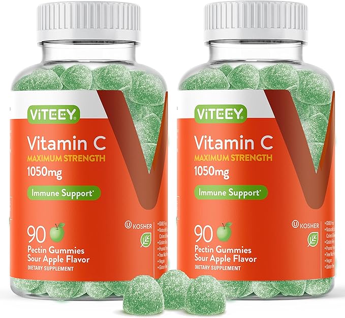 Viteey Vitamin C Gummies for Adults & Teens, 1050mg Maximum Strength - Immune Support Gummies - Immune Booster - Vegan, Gelatin Free-Tasty Vitamin C Chewable Sour Apple Flavored Gummy-90 Count